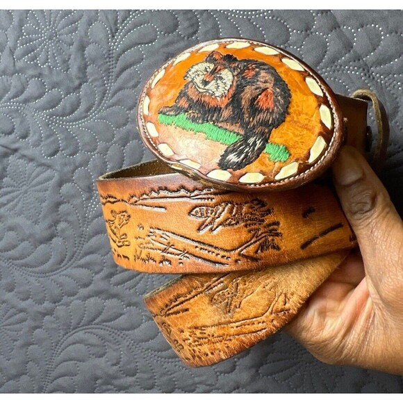 Nocona Hand Tooled Raccoon Buckle Western Belt SZ36 Genuine Leather Cowboy Brown - Picture 1 of 13